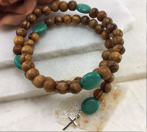 Olive Wood and Turquoise Rosary Bracelet