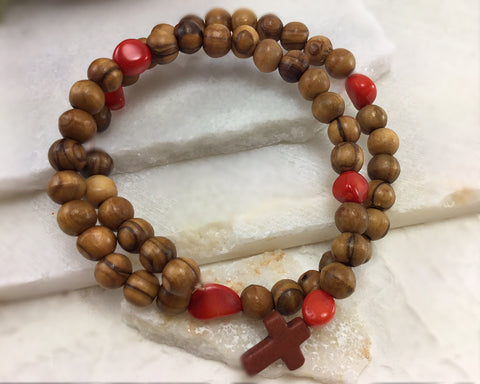 Olive Wood and Coral Rosary Bracelet