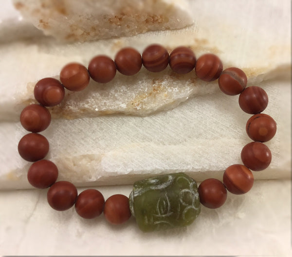 Red "Malachite" Marble Mala with Carved Jade Buddha