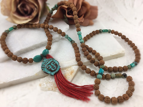 Traditional 108 Rudraksha and Turquoise Mala Necklace